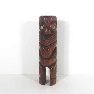 Vintage Carved Wood Maori Tiki Sculpture New Zealand Abalone Paua Shell Art